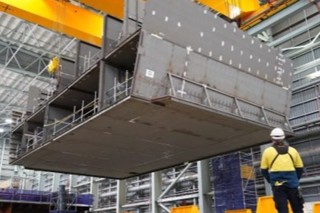 A prototype block for a Hunter Class frigate being built at Osborne in 2018. The federal government says six frigates will now be built in Adelaide instead of nine after a $20 billion cost blowout and the first will not delivered until at least 2032. 