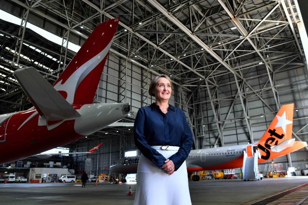 Qantas Group Chief Executive Officer Vanessa Hudson announced the group's FY24 half year results at Sydney Airport. Photo AAP