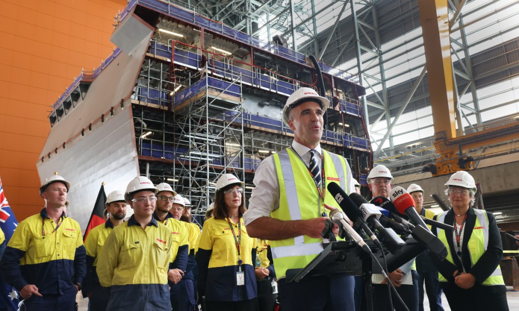 Premier Peter Malinauskas at Osborne after the federal government announced SA would build six naval frigates instead of the nine first announced. Photo: Tony Lewis/InDaily