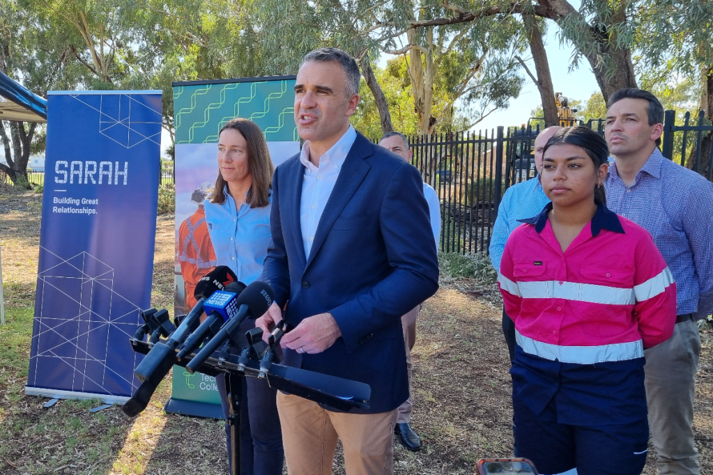 Premier Peter Malinauskas announcing the government's new renewables target in Port Augusta on Tuesday. Photo: Thomas Kelsall/InDaily