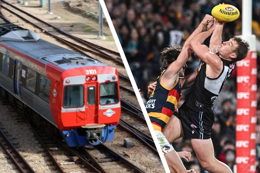 A planned strike would impact passengers looking to get to Adelaide Oval for the Showdown on 2 May. Photos: Tony Lewis/InDaily, Michael Errey/InDaily. Design: Mikaela Balacco/InDaily.