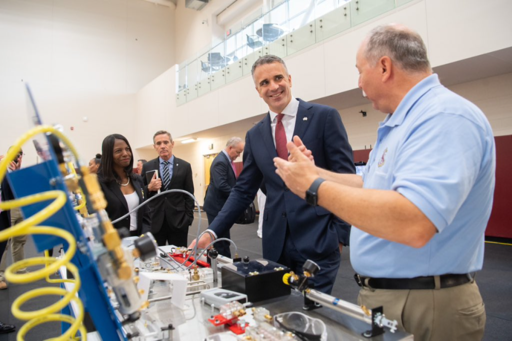 Premier Peter Malinauskas at the HII Newport News Shipbuilding division in the US. HII's international maritime expertise will be used to assist South Australian shipbuilding to enter the global supply chain. Photo: Peter Malinauskas / X