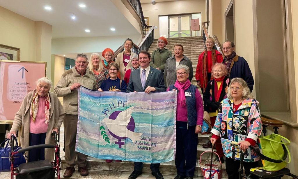 Members of the Women’s International League for Peace and Freedom joined Deputy Lord Mayor Keiran Snape to show their support for the council's endorsement of the Cities Appeal. This photo: Helen Karakulak/InDaily.