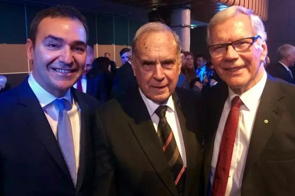 Steele Hall (centre) with former Premier Steven Marshall (left) and former Premier Dean Brown. Photo: SA Parliament