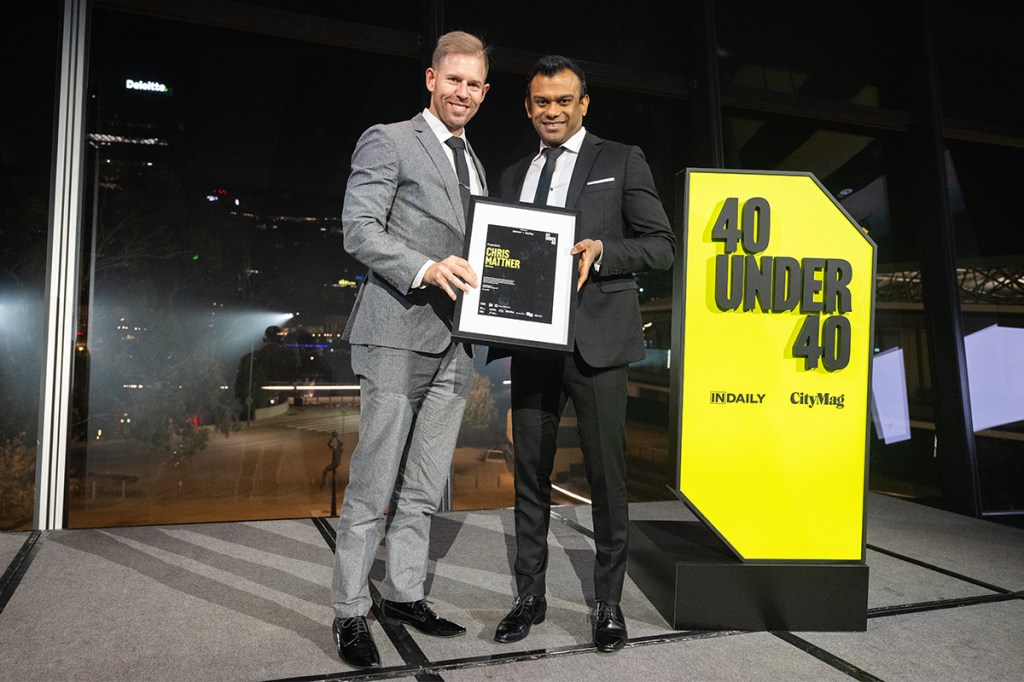 Chris Mattner (left) receives his award from Joel Abraham. Photo supplied