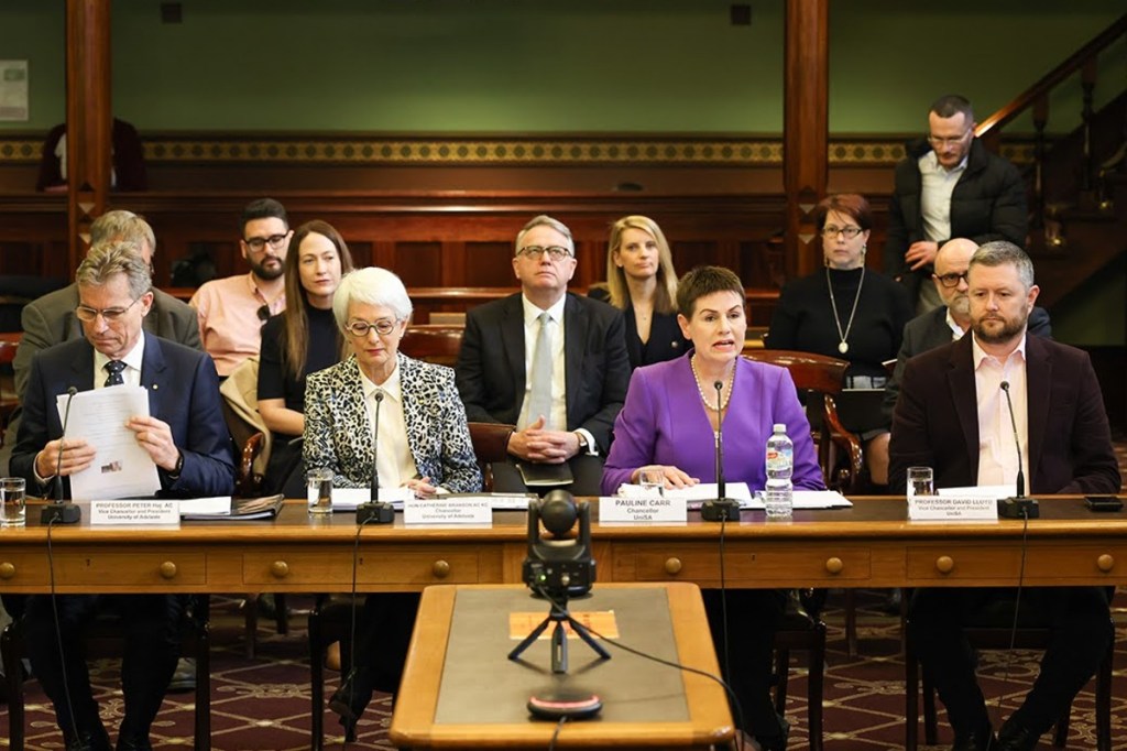 Leadership of the two merger universities appearing before a parliamentary inquiry in 2023. Photo: Tony Lewis/InDaily
