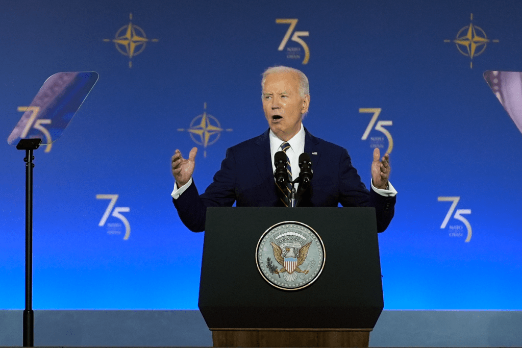 US President Joe Biden at an event marking the 75th Anniversary of NATO, on the sidelines of the NATO summit in Washington. Photo: AP/Susan Walsh