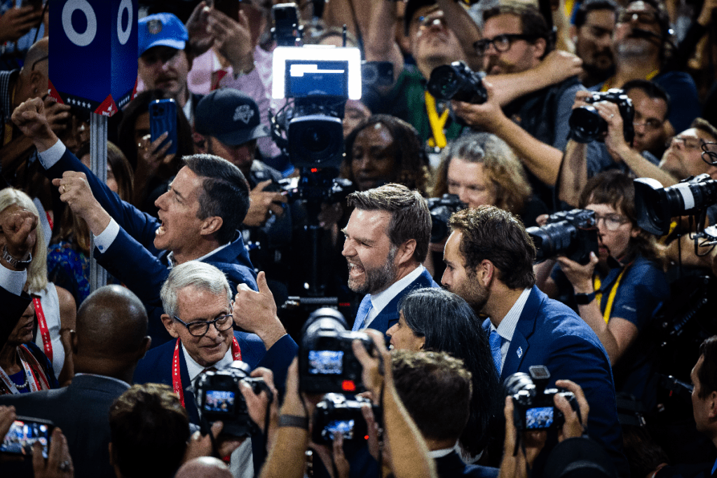 Republican Senator from Ohio JD Vance (centre) arrives to accept his vice presidential nomination on the opening day of the Republican National Convention in Milwaukee. Photo: EPA
