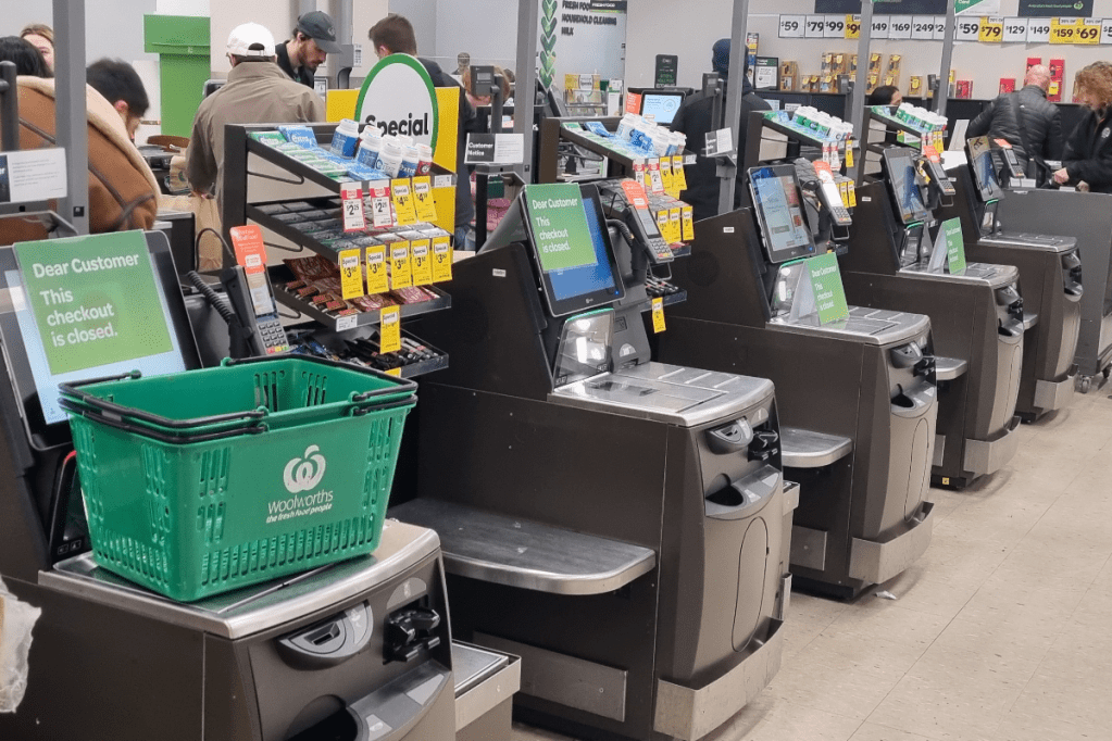 Self-checkout services at Woolworths in Rundle Mall are closed due to a global IT outage. Photo: Thomas Kelsall/InDaily.