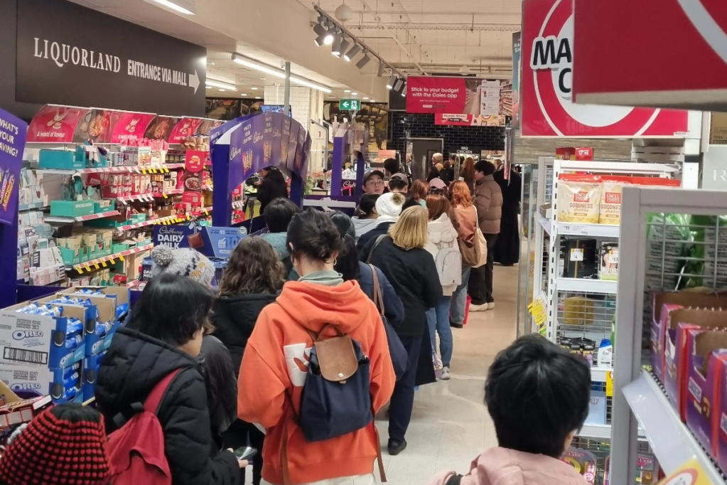 Self-checkout services at Coles in Rundle Mall are closed due to a global IT outage. Photo: Thomas Kelsall/InDaily