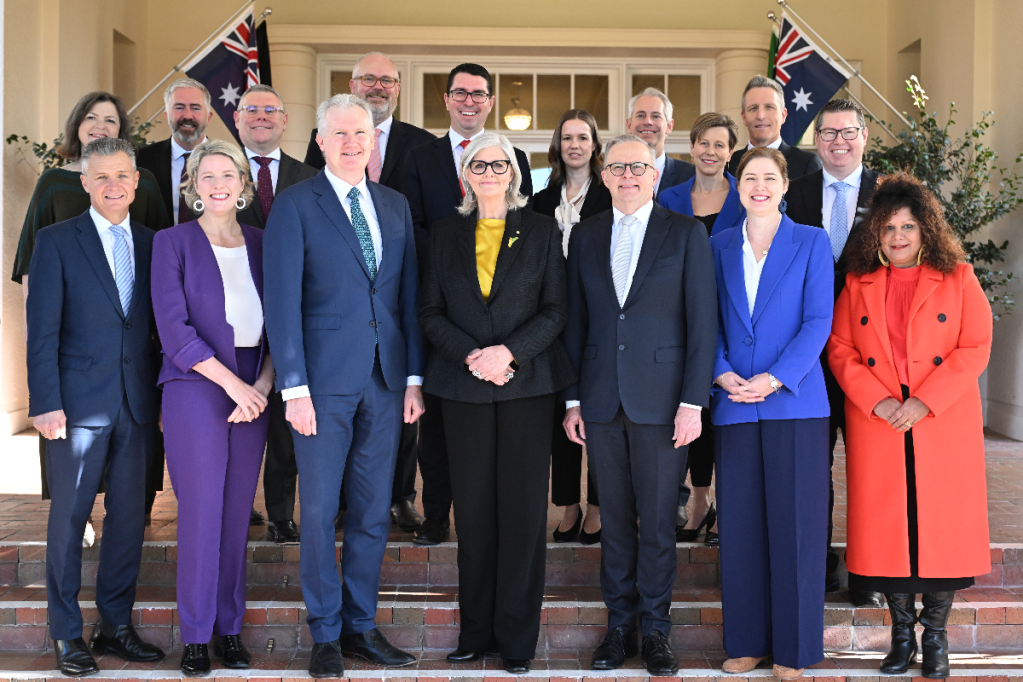 Governor-General Sam Mostyn and Prime Minister Anthony Albanese with the newly sworn in federal ministry at Government House in Canberra. Photo: AAP
