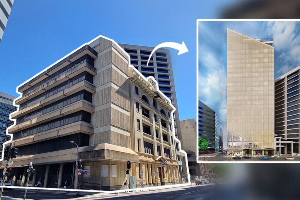 Plans to build a 21-storey Hyatt Hotel at 51 Pirie Street have been shelved, the latest in a long-line of development proposals for the vacant CBD site that have never materialised. Photo: Thomas Kelsall/InDaily; inset image: CEL Australia/GHD Woodhead