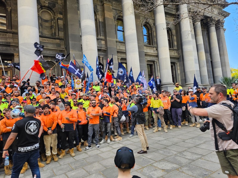 CFMEU members rally at Parliament House on North Terrace. Photo: CFMEU