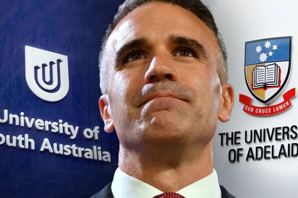 Premier Peter Malinauskas says he will raise the issue of international student policy with the Prime Minister. Left and right photos: Tony Lewis/InDaily. Peter Malinauskas photo: Mick Tsikas/AAP. 