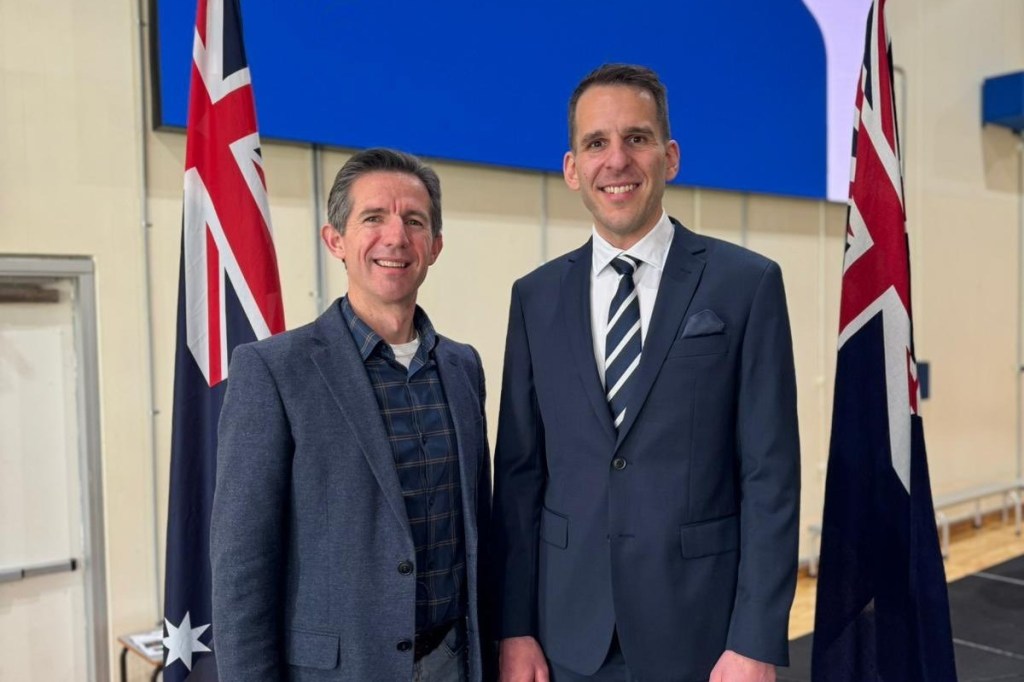 Federal Liberal senator Simon Birmingham (left) with new Liberal Party candidate for Mayo Zane Basic after Saturday's preselection ballot. Photo: SA Liberals/X