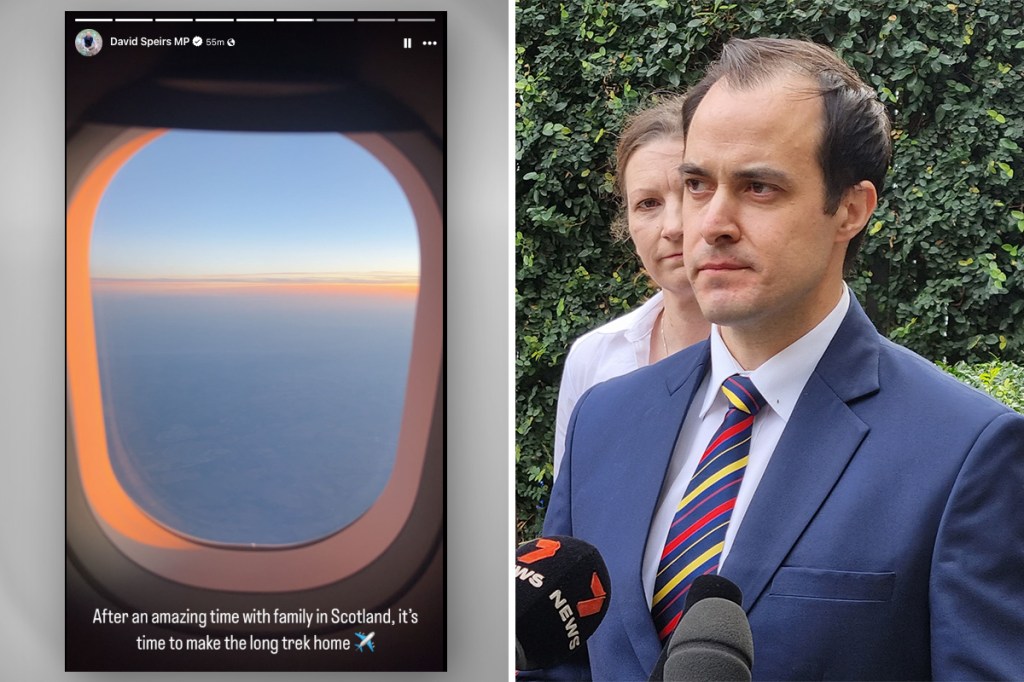 David Speirs posted on social media (left) that he's on his way back to Adelaide, after new Liberal leader Vincent Tarzia said he would be absent for most of September.  