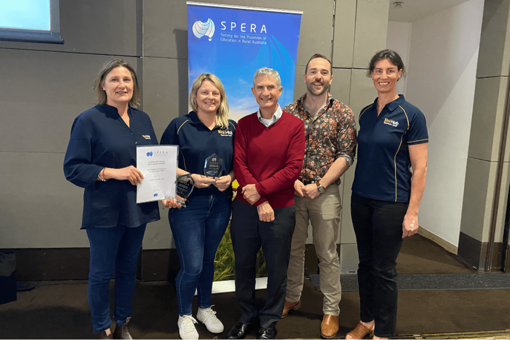 The Roxby Down Early Childhood Project was recognised at the Australian Rural Education Awards, with the award accepted by Sue Barry, Hannah Samson, Rob Brown and Anita Kuss. Chris Ronan (second from right) presented the award on behalf of the Provision of Education in Rural Australia. Photo: supplied