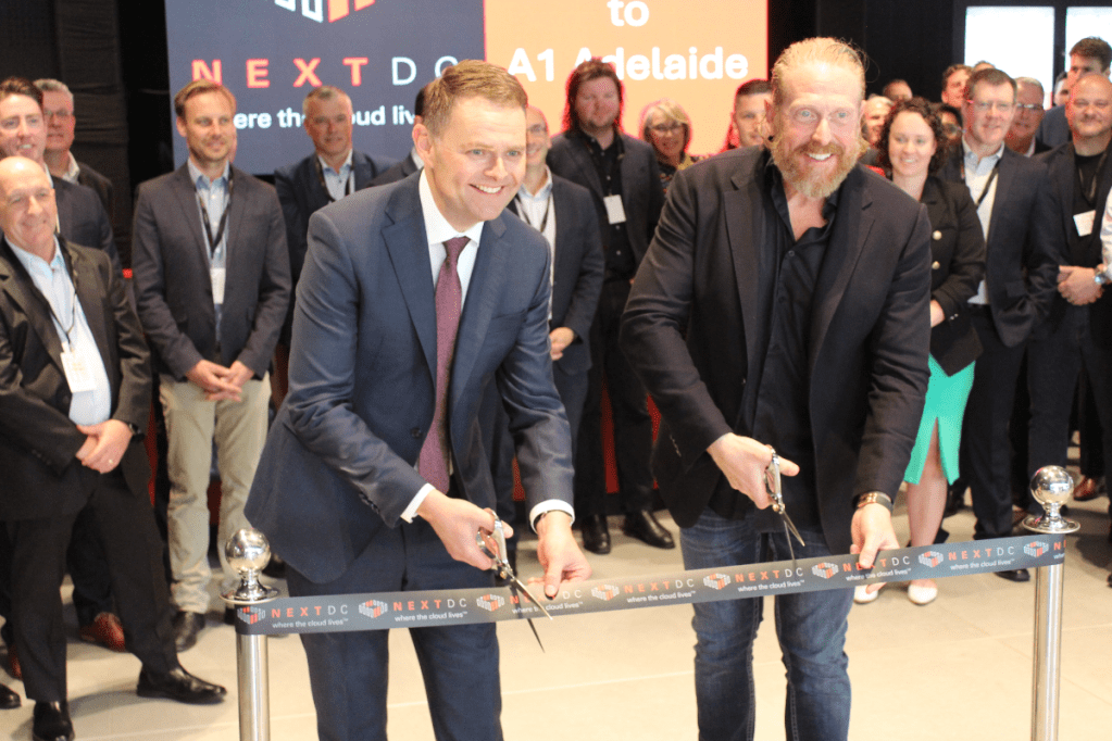Treasurer Stephen Mullighan and NEXTDC CEO Craig Scroggie officially launch the 'A1' data centre in Adelaide. Photo: David Simmons / InDaily