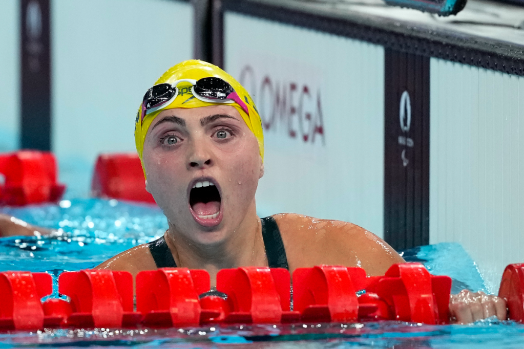 Australia's Alexa Leary reacts after winning the women's 100 m. Freestyle S9 at the 2024 Paralympics in Paris. Photo: AP/Aurelien Morissard