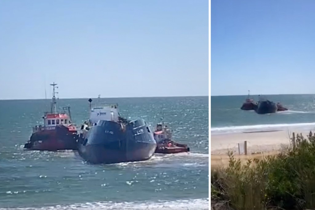 A hopper barge being tugged out to sea just north of the West Beach Surf Life Saving Club. Photo: Supplied. 