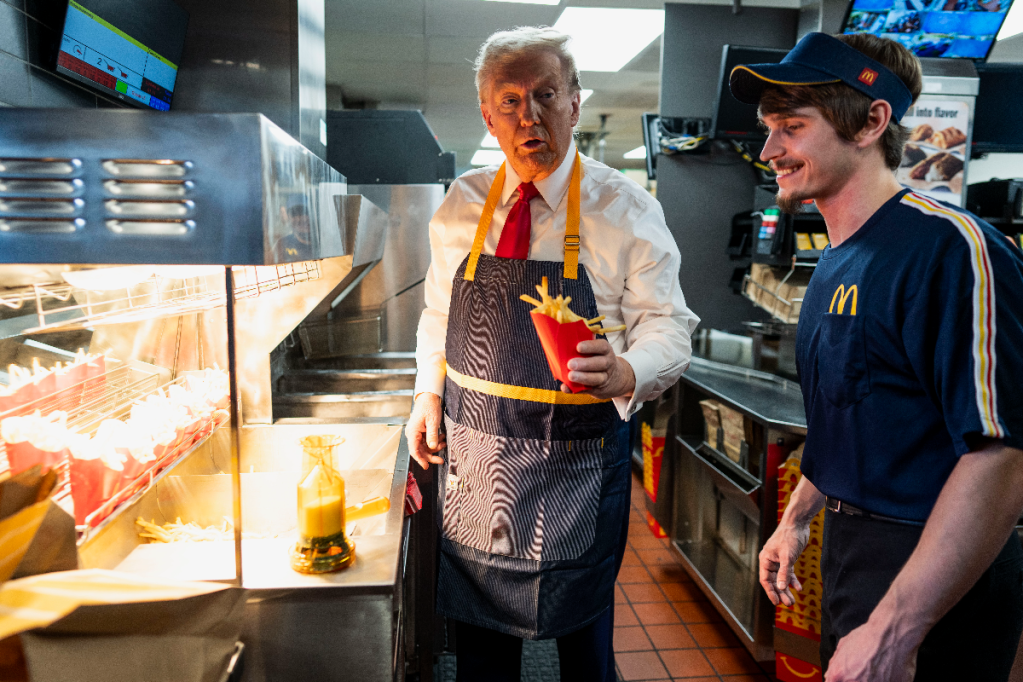 Thumbnail for Trump serves McDonald’s fries with Harris attack