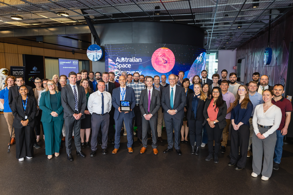 Inovor Technology's graduation ceremony in Adelaide included CEO and founder Matt Tetlow, COO Ben Adams, and Lockheed Martin Australia's regional director for Space David Ball. Photo: supplied