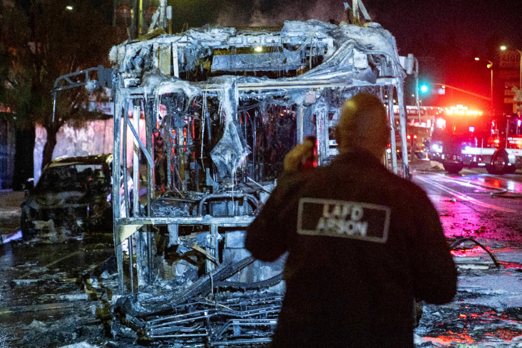 A bus was set alight in Los Angeles after the LA Dodgers won the World Series. Photo: AP